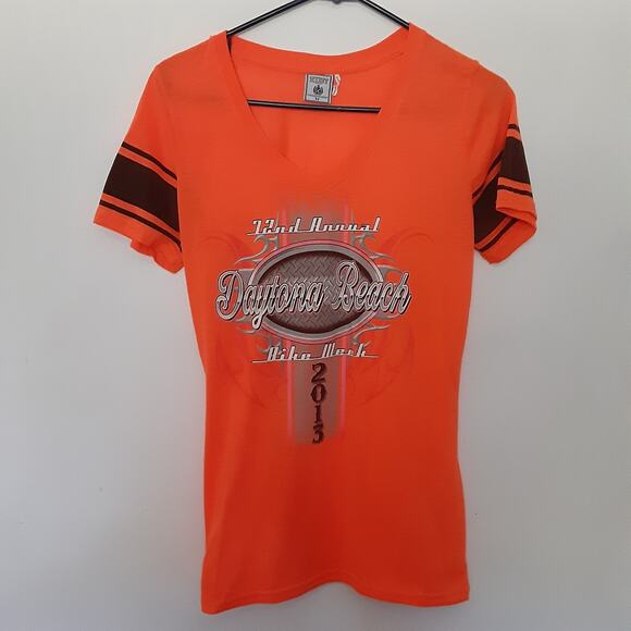 Daytona Beach Bike Week T Shirt Womens M Orange V Neck Short Sleeve 2013 - Picture 1 of 7